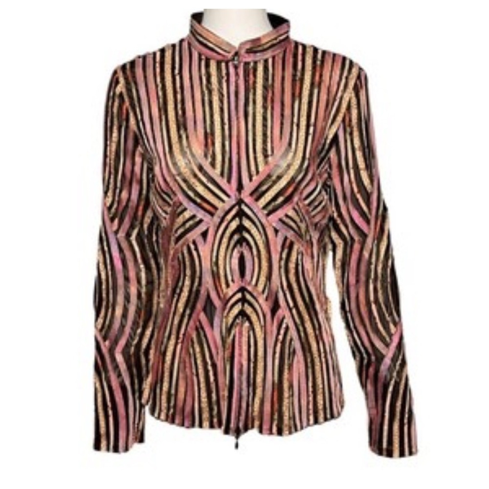 Alexandra Rosati Womens Size 8 Metallic Abstract Stripe Zip Front Mock Neck Top